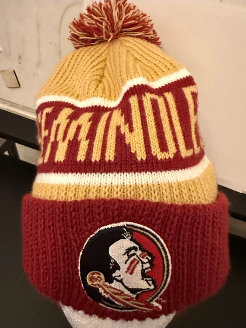 Maroon and Gold Pom Cuffed Knit Beanie with Team Patch
